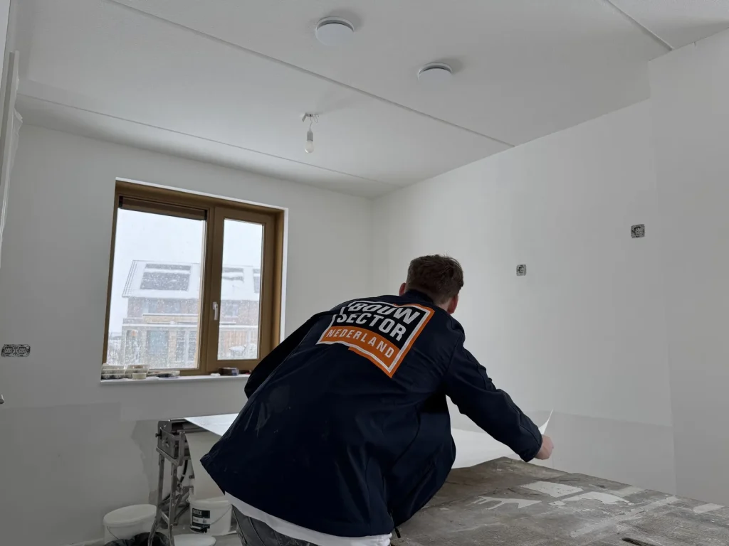 Behanger van Bouwsector Nederland pakt een baan renovlies van de plaktafel in een lichte kamer