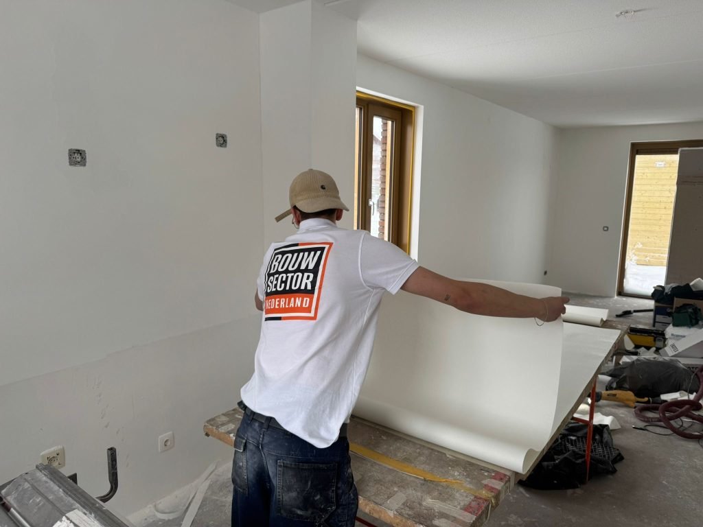 Vakman van Bouwsector Nederland houdt een baan renovlies op de plaktafel in een woning in afwerking