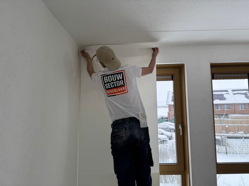 Vakman van Bouwsector Nederland drukt een baan renovlies aan tegen de bovenkant van de wand